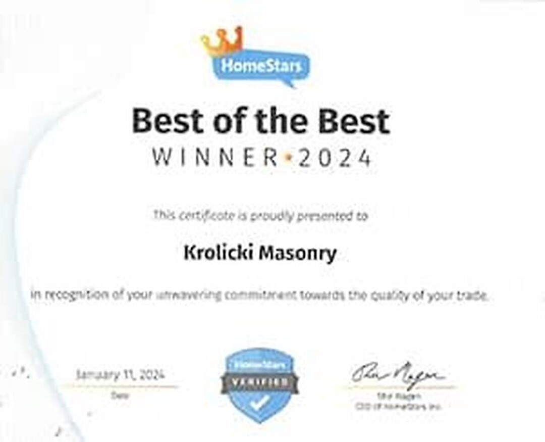 HomeStars Best of the Best winner certificate presented to Krolicki Masonry