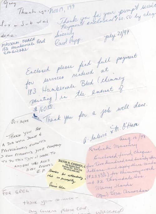 Handwritten customer thank-you note to Krolicki Masonry, late 1990s