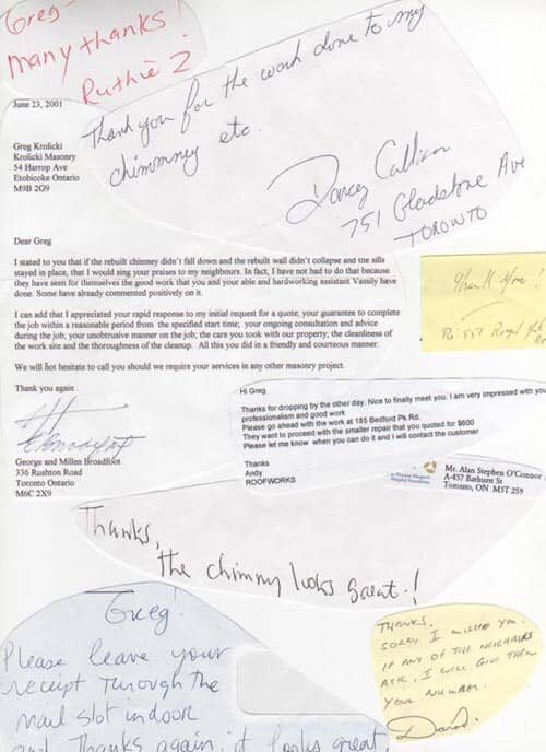 Handwritten customer thank-you note to Krolicki Masonry, late 1990s