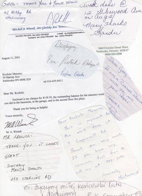 Handwritten customer thank-you note to Krolicki Masonry, late 1990s