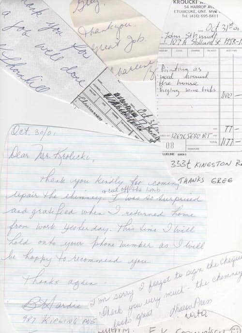 Handwritten customer thank-you note to Krolicki Masonry, late 1990s