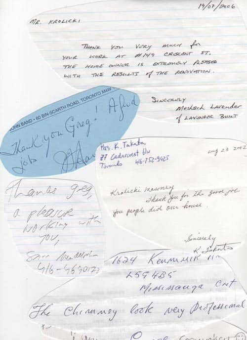 Handwritten customer thank-you note to Krolicki Masonry, late 1990s