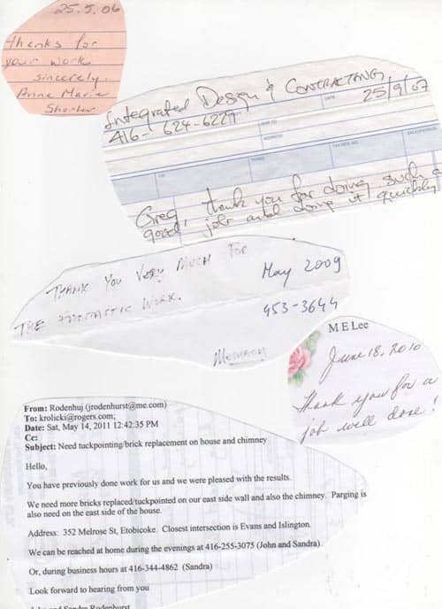 Handwritten customer thank-you note to Krolicki Masonry, late 1990s