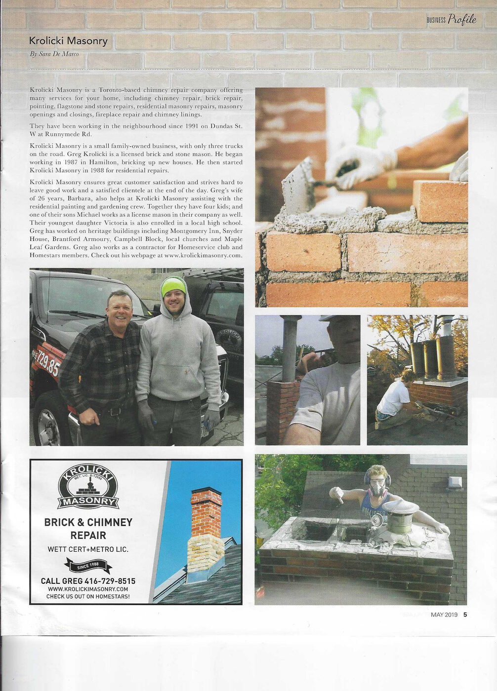 Krolicki Masonry business profile feature, May 2019